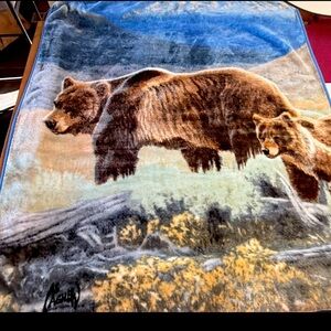 AL AGNEW Brown GRIZZLY BEAR with Cub fleece BLANKET throw 61”x49” Northwest Co.
